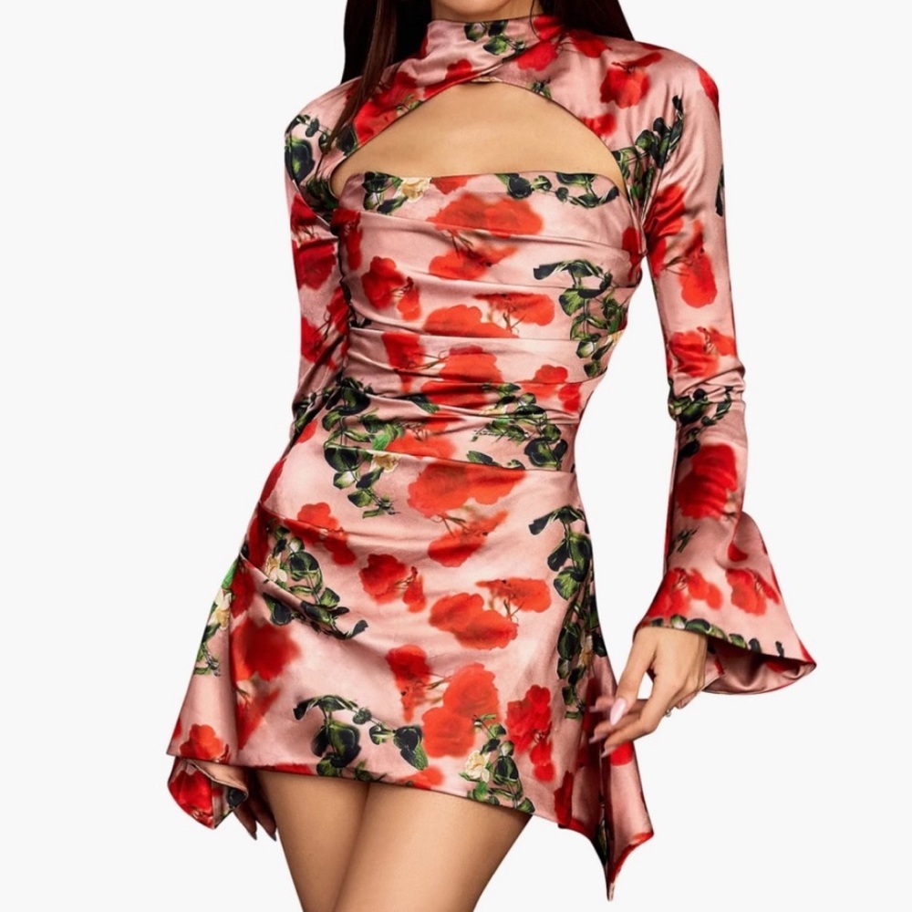 NWT House of CB Toira Long Sleeve Corset Satin Minidress Small Rose Floral Pink